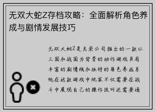 无双大蛇Z存档攻略：全面解析角色养成与剧情发展技巧